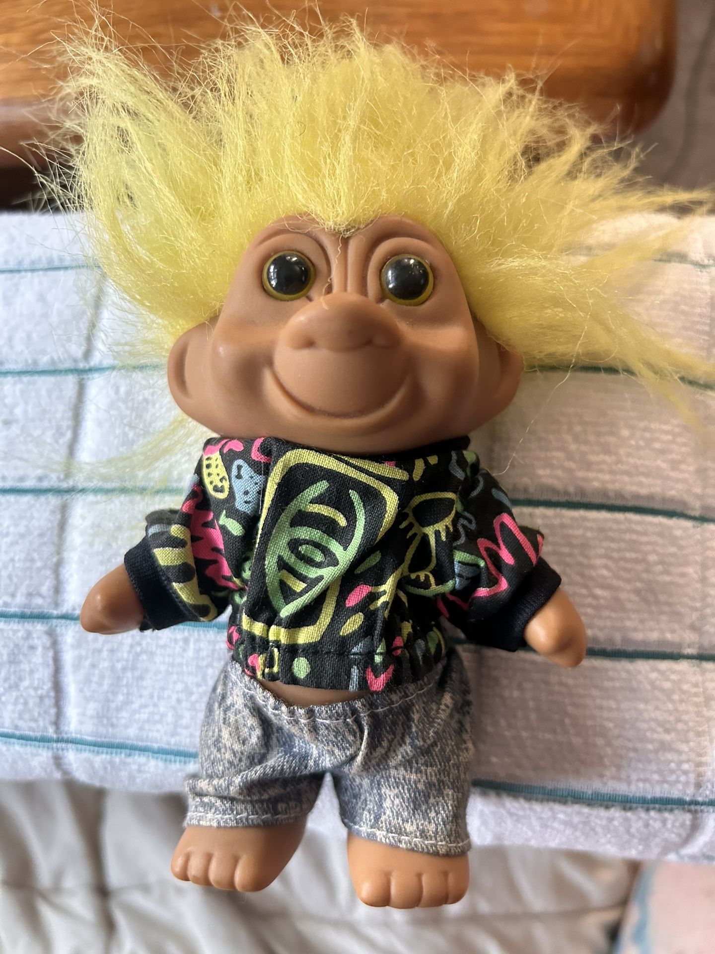 2 Vintage Troll Dolls- yellow hair tnt in dress, pink unmarked in 90s gym outfit