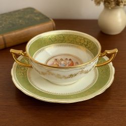 R. Briggs & Co Boston Austria Antique 1900s Green Gold Bouillon Cream Cup Saucer
