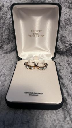 18k Over Silver Genuine Diamond/ Emerald Hoops 