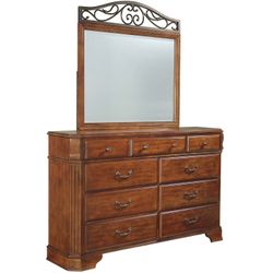 Wyatt 9 Drawer Dresser with Mirror, Pine Wood in Medium Brown Cherry by Ashley Furniture