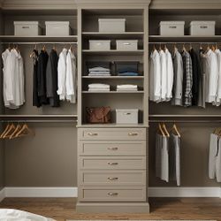 Master Walk-In Wood Grain Color with Raised Panel Drawer Fronts. Everything is adjustable.