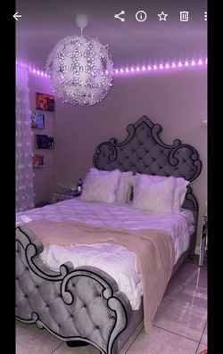Luxury Princess Queen Bed Frame – Gray Velvet Tufted with Crystal Accents