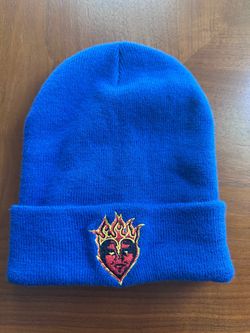 Obey Vintage Royal Blue Knit Beanie with Flame Heart Embroidery