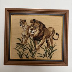 Framed LION & LIONESS Needlepoint Canvas