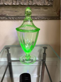 Vintage green depression uranium glass candy jar with lid 8.5”