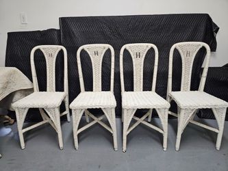Set of 4 Vintage Coastal Painted Wicker Accent Chairs – Solid Wood Seats – Gail Dearing Antiques, GA