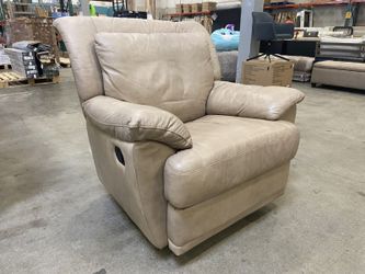 Beige Plush Light Brown Leather Manual Swivel Recliner