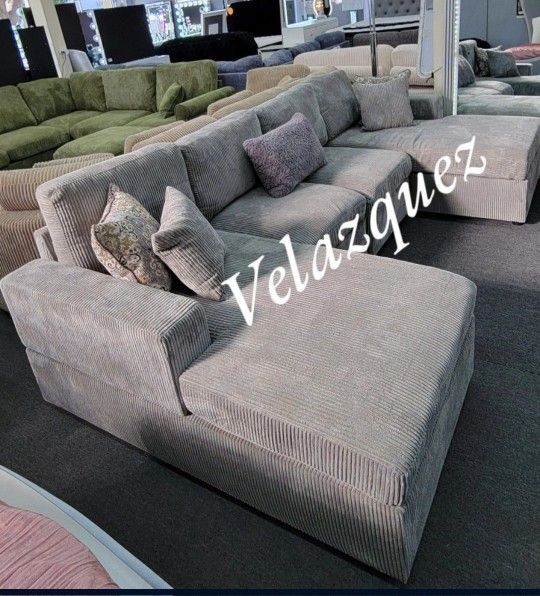 ✅️✅️4 pc fog grey corduroy fabric sectional sofa with double chaise ✅️✅️