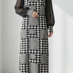 SHEIN Black White Houndstooth Maxi Dress Balloon Sleeve Mock Neck Size M