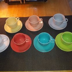 Homer Laughlin Fiesta ware Cups And Saucers.. Selling As A Set Of Seven. All Sales Final