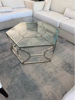 Hexagon, chrome and glass, coffee table, and matching end table