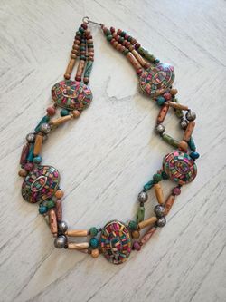 Handmade Bohemian Tribal Necklace w Colorful Beads & Inlaid Oval Medallions