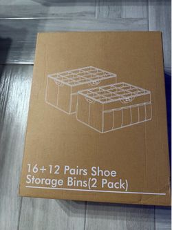 New shoe storage bin set includes two separate organizers with capacities for 16 and 12 pairs of shoes. The bins are constructed from a brown fabric m