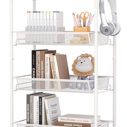 TOOLF 4-Tier Rolling Cart, Metal Utility Cart with 3 Hooks, Easy Assemble Mobile Storage Trolley On Wheels, Slide Out Shelving Units Kitchen Bathroom 