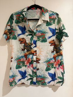 Surfing Dinosaur Tropical Hawaiian Button-Down Shirt
