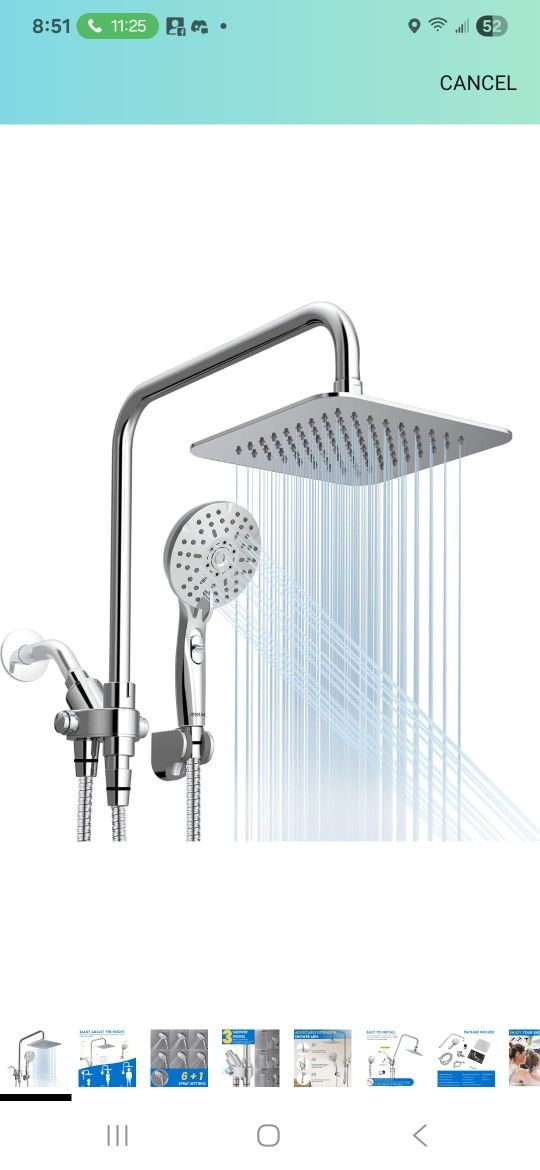 Dual Shower Head Combo, 8'' High Pressure Rain Shower Head with Handheld Spray, 6 Settings Handheld Showerhead, 15" Height Adjustable Slide Bar, Angle