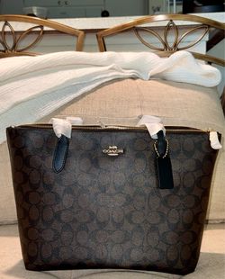 Coach Medium Signature City Zip Top Tote Brown Black Canvas Leather NWT