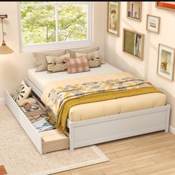 Full Size Wooden Bed Frame with 2 Rolling Drawers