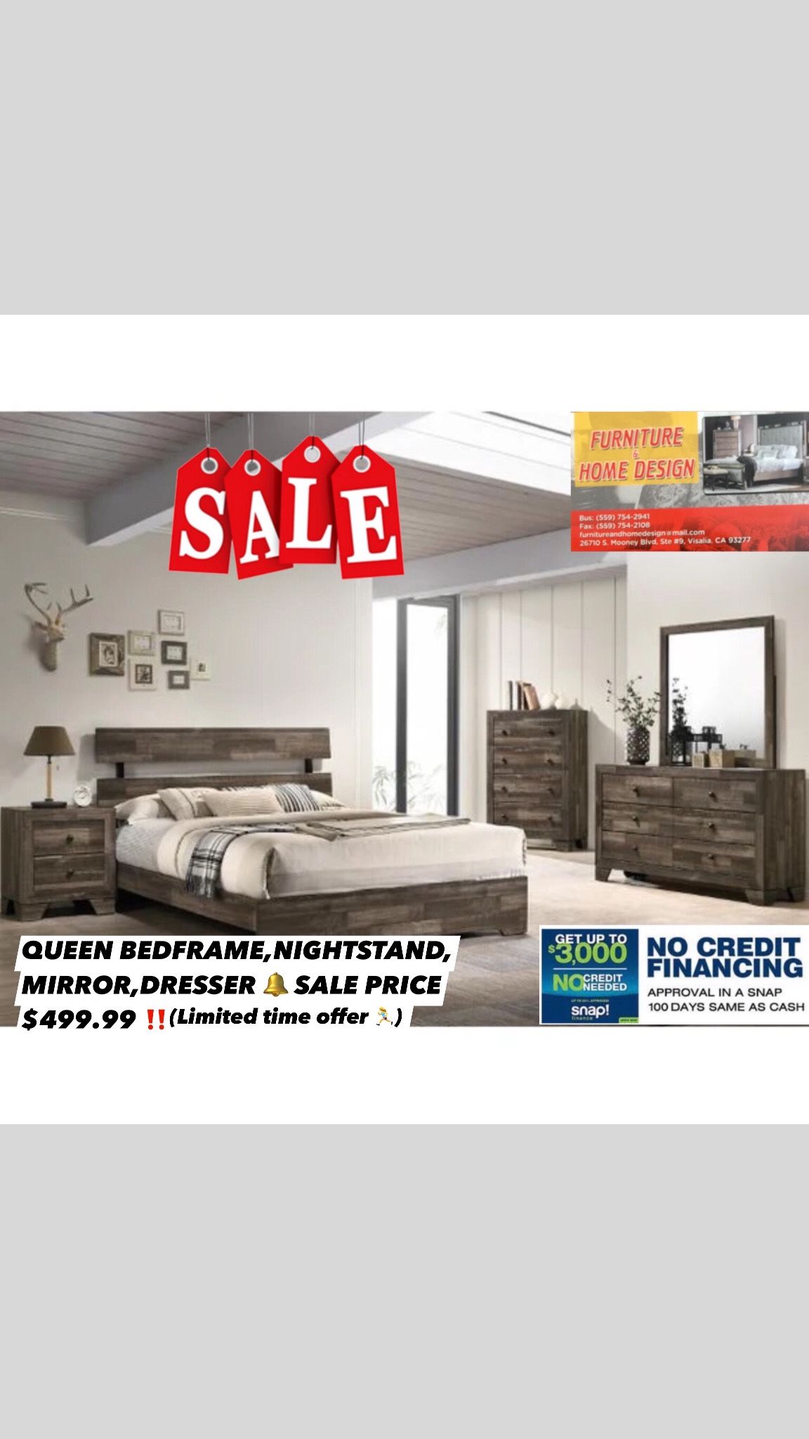 QUEEN BEDFRAME, NIGHTSTAND, MIRROR, DRESSER $499.99 (limited Time Offer )