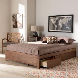 Modern Walnut Platform Bed Frame with 3 Under-Bed Storage Drawers for Organization - King(New)