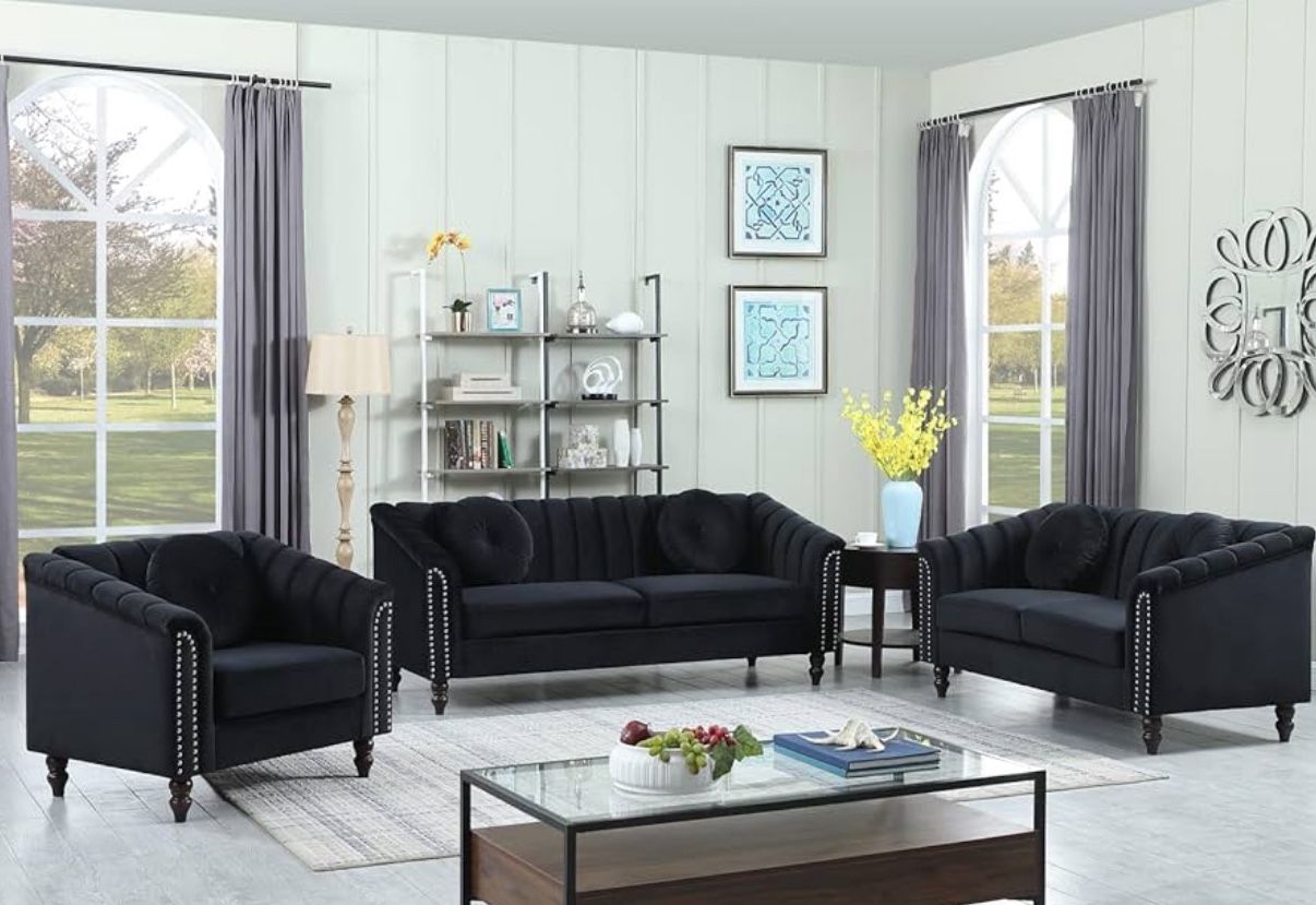 Black Microfiber Sofa Set 3 Pieces
