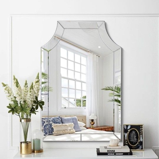 Scalloped Decorative Mirrors for Living Room, 27.6´´ X 39.4´´ Large Frameless Mirrors with Glass Pieces and Elegant Beveled Edges, Modern Bathroom Mir,New Products : American Fashion Style Bags On Sale