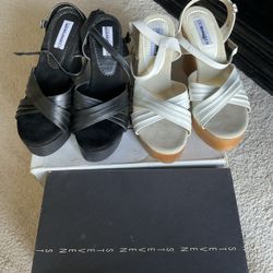 2 Pair - Brand Name- Black (8M) And White (8.5M) Steve Madden Wedge Shoes/Heels/Strap Sandal Style- New/Closet Stored