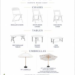 Chairs, tables, and umbrellas for events.