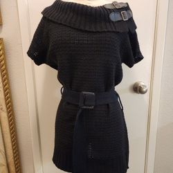 Jennifer Lauren Black Short Sleeve Knit Boat Neck Belted Tunic Sweater Size M