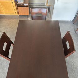 Dining Table With 3 Chairs, Solid Wood In Excellent Condition, Chairs Seats Are Leather Upholstery; Glossy& Shiny Like New 
