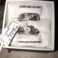 Engagement/ Wedding 3 Ring Set Sterling Silver Simulated Diamonds Ladies Size 7 & Men’s Size 10
