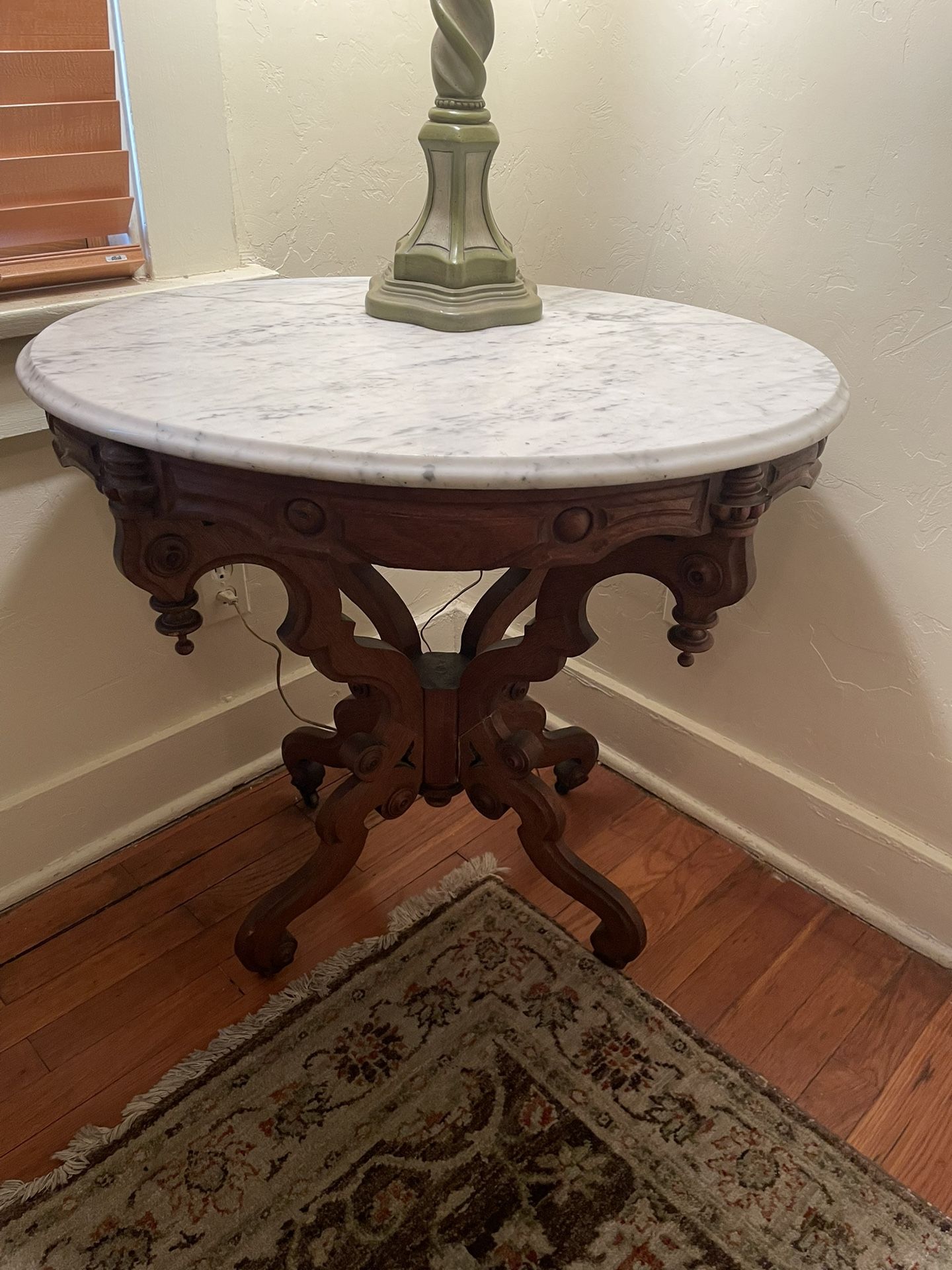 Antique Hardwood Table With Marble Top