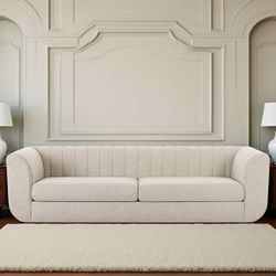 Free Delivery NEW IN-BOX Oversized Curved Sofa, Moe’s Home, Neutral Oatmeal Fabric (MSRP $2,500+tax)