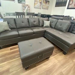 New Dark Brown Faux Leather Sectional And Storage Ottoman Sofa Couch 
