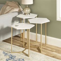 Modern Hexagon Nesting Tables, Stacking End Side Nightstands, Set of 3, Faux White Marble/Gold