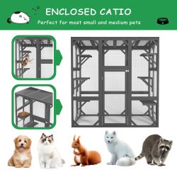 Catio Outdoor Cat Enclosure Cat House Wooden Cat Cage Large Feral Cat Shelter for Mulitiple Cats with Six Platforms, Large Enter Door, Waterproof Roof