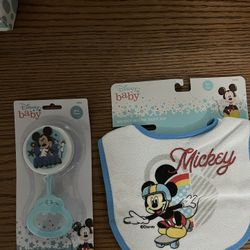 NEW Disney baby blue/white Mickey Mouse bib and bpa free rattle