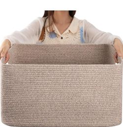 OIAHOMY 70L Large Cotton Rope Basket 22”x17”x12”, Woven Nursery Laundry Blanket Basket,Storage Basket with Handle,Brown variegated