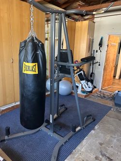 Pull up bar, ab/dip station, punching bag