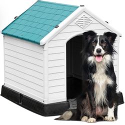YITAHOME 34.5'' Large Plastic Dog House Outdoor Indoor Doghouse Puppy Shelter Water Resistant Easy Assembly Sturdy Dog Kennel with Air Vents and Eleva