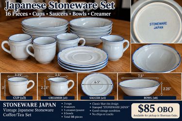 Vintage Japanese Stoneware 16-Piece Coffee/Tea & Bowl Set – $85 OBO