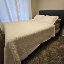 Queen Bed Frame + Tuft & Needle Mattress – Like New – Slate Blue