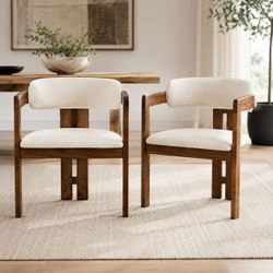 Set of 2 - Mid-Century Modern Solid Wood Dining / Side Chairs w/ Beige Linen Upholstered Cushions [NEW]  <Retails for $760>  **No Asembly Required**