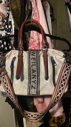White Handbag with Rhinestone Logo Stripe