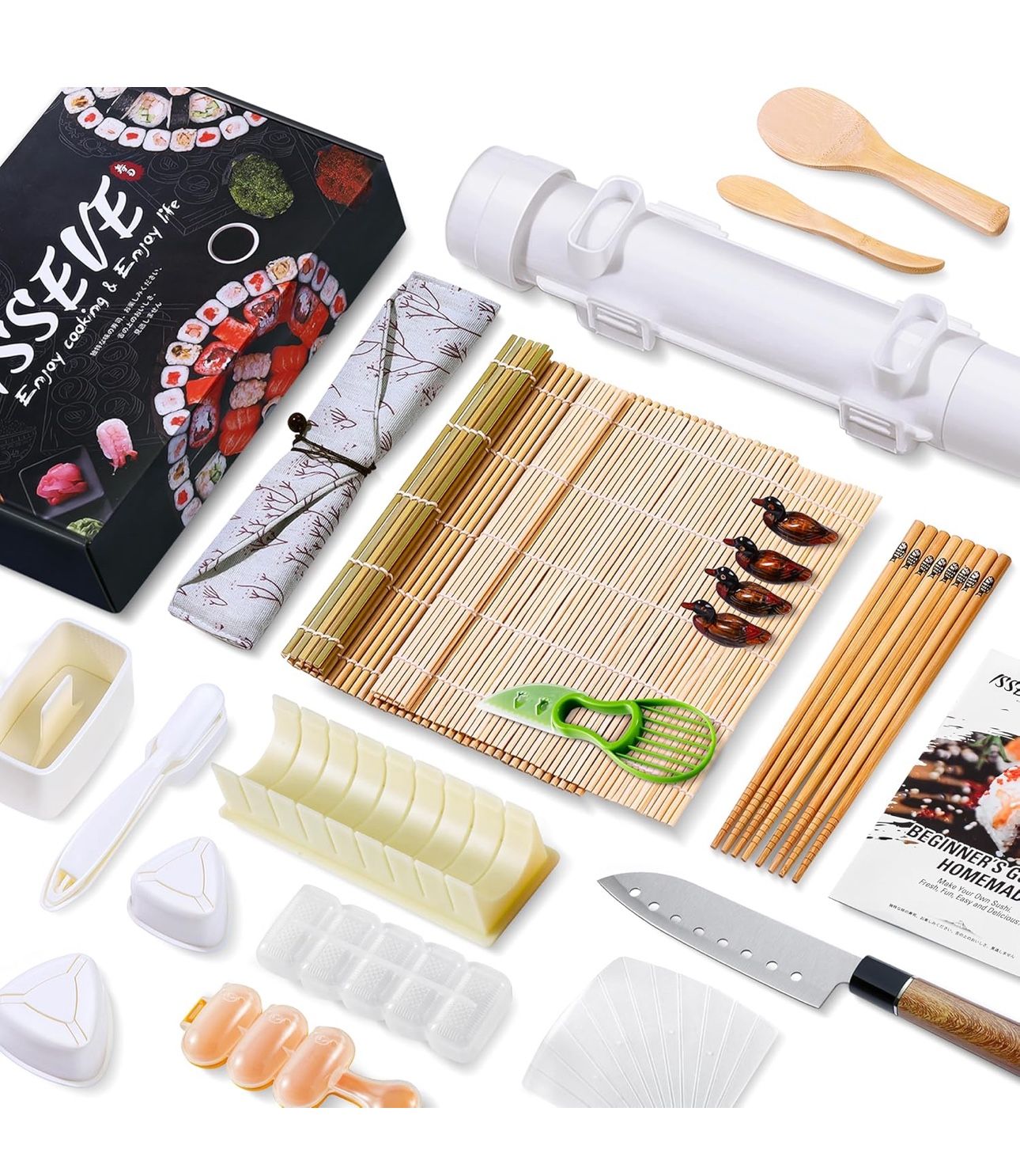 ISSEVE Sushi Making Kit, 25 in 1 Sushi Bazooka Maker with Sushi Molds, Bamboo Mat, Bamboo Chopsticks, Sushi Knife,Nigiri Mold,Onigiri Mold,Musubi mold