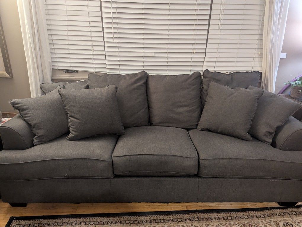 Gray Sofa, Couch with Three Cushions And Pillows