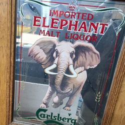 VINTAGE CARLSBERG BEER MIRRORED SIGN - ELEPHANT MALT LIQUOR MIRROR, IMPORTED

