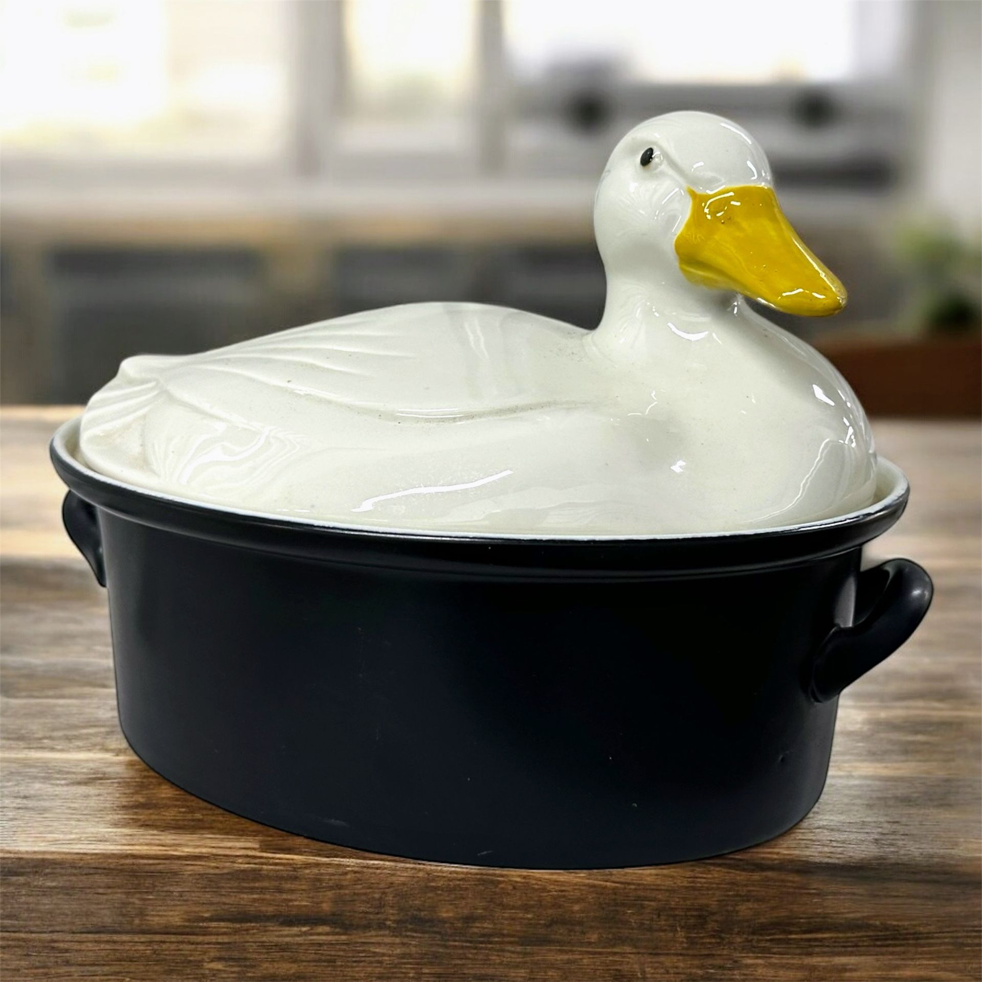 Vintage Hall Duck Casserole Dish Black White Ceramic Covered Pot USA
