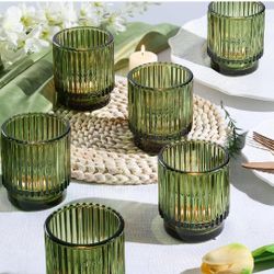 8pcs Large Green Votive Candle Holders for Wedding Centerpieces, Glass Tea Lights Candle Holder Decor, Wedding Bridal Shower Party Table Decor, Vintag