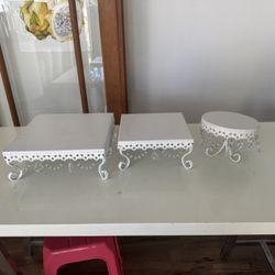 Three White Square And Round Cake Vintage Dessert Stands